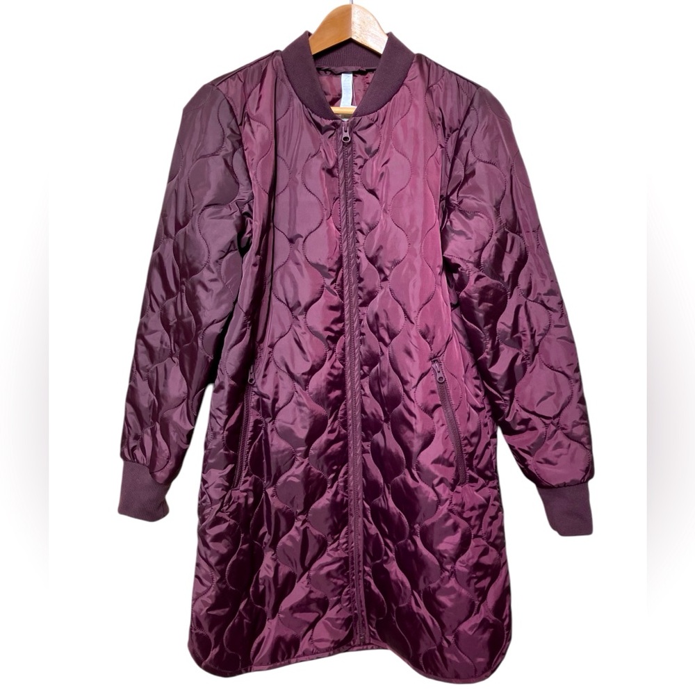 NEW Zella Quilted Longline Jacket Coat Maroon Burgundy Puffer Onion Zip Bomber